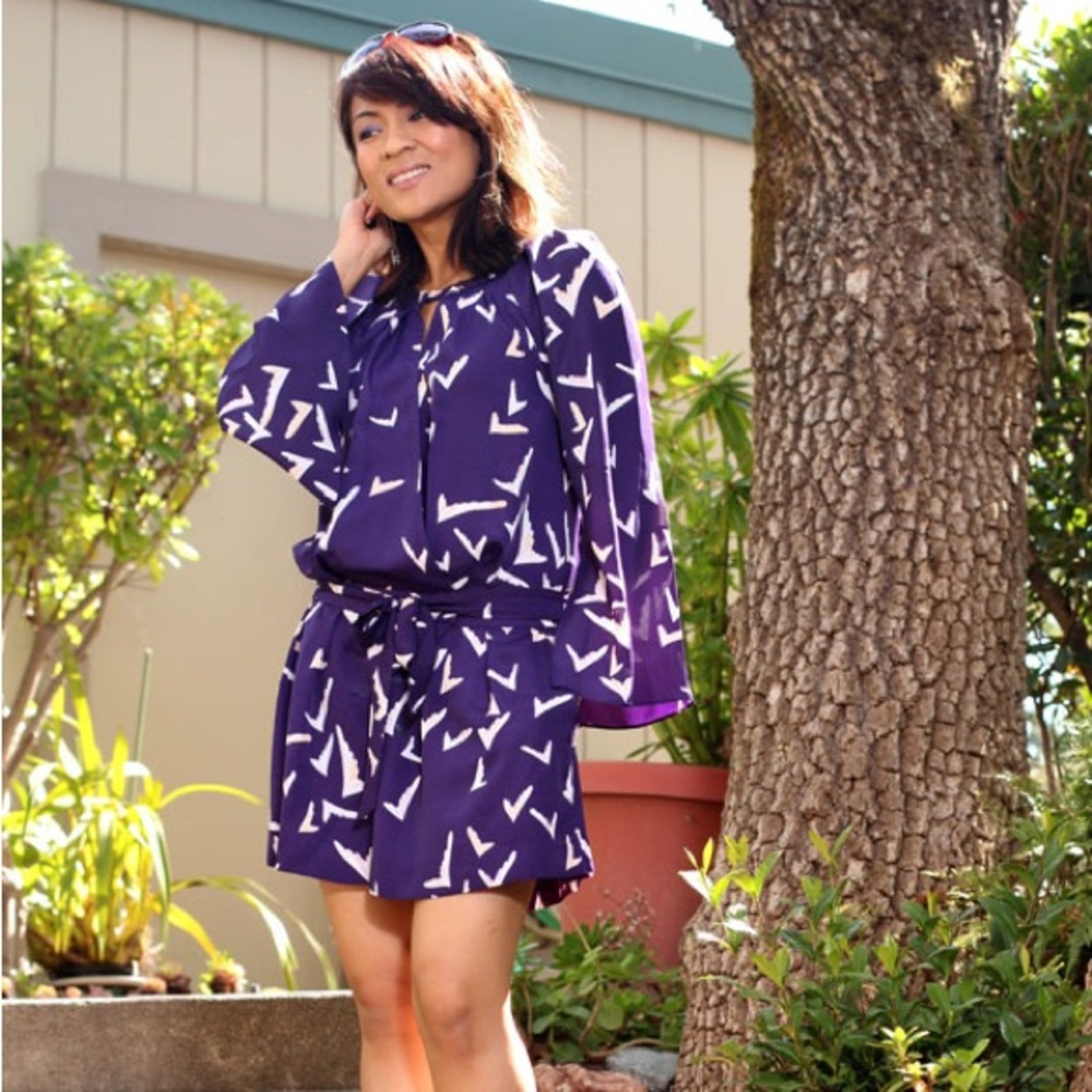 Anthro Leifsdottir Purple Scattered Wings Slit Sleeves Short Romper Size 4